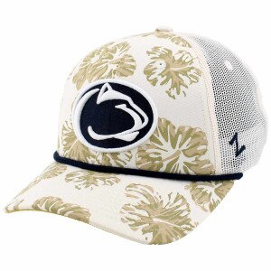 trucker hat with Hawaiian print, Penn State Athletic Logo, and rope